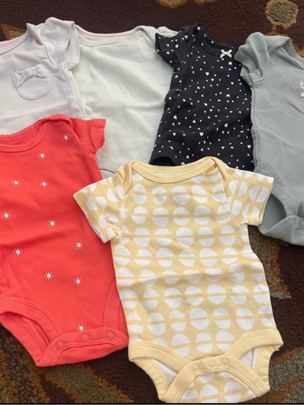 24 NB Carter's Short-Sleeve Bodysuit Pack - Coral, Yellow, Black, Gray, Cream